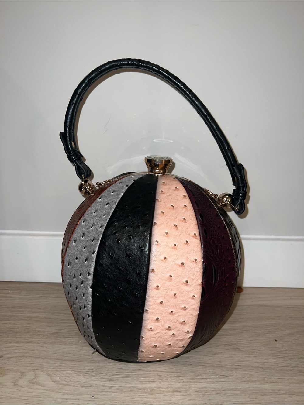 Round Panel Patchwork Top-Handle Feminine Ball Bag Black Blush, Gray Burgundy